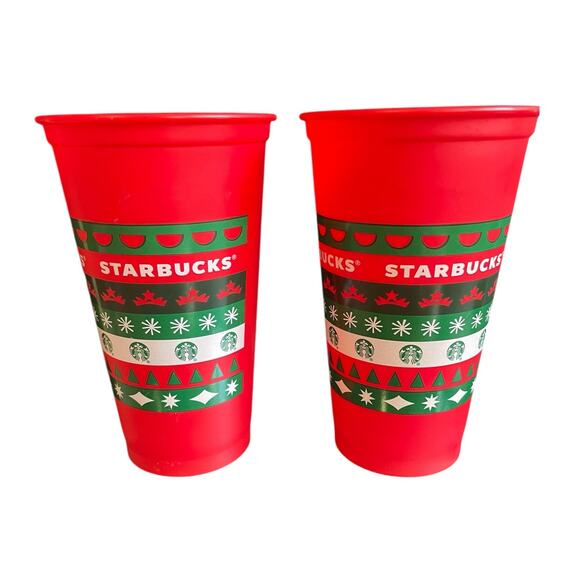 Two 2020 Starbucks 16 oz Holiday Reusable Plastic Cups w/lids Christmas Design - Picture 2 of 6